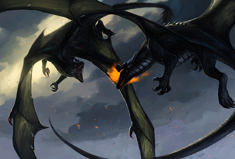 Dragon Fighting Throwing Flame, dragon, flame, artist, artwork, digital-art, HD wallpaper