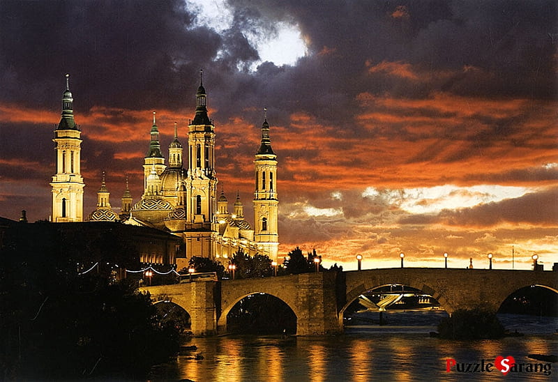 Basilica del Pilar, Zaragoza, building, city, sunset, clouds, sky, spain, HD wallpaper