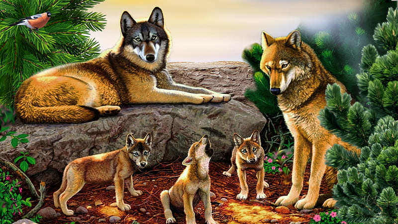 Family of Wolves, lobo, family, rocks, wild, wolf, wolves, Firefox Persona theme, pups, HD wallpaper