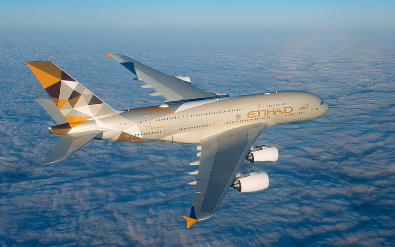 Airbus A380-800, passenger plane, Etihad Airways, A380, air travel concepts, Airbus, HD wallpaper