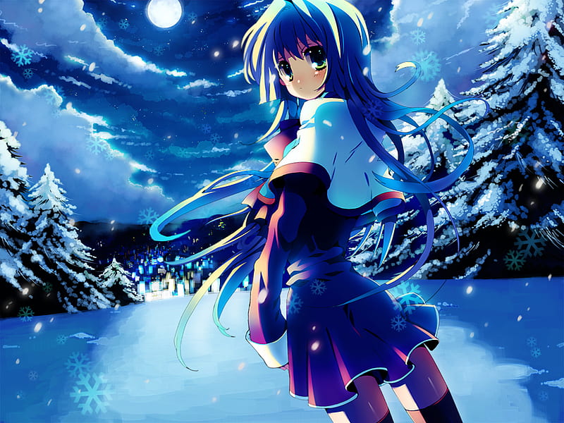Snowy Night, girl, sweater, snow, full moon, anime, trees, long hair ...