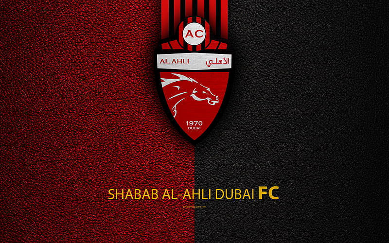 Shabab Al-Ahli Dubai FC logo, football club, leather texture, UAE League, Dubai, United Arab Emirates, football, Arabian Gulf League, HD wallpaper