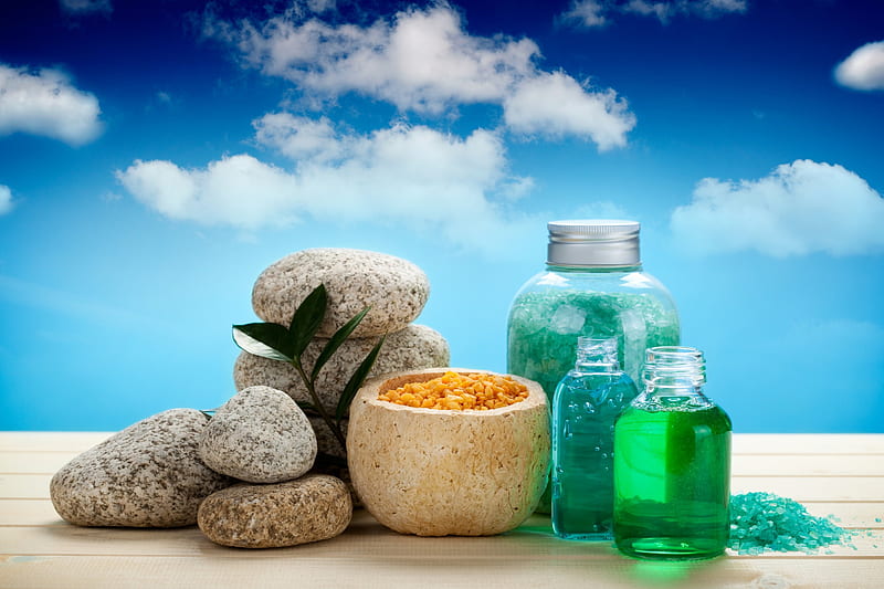 Relaxing Spa, stones, olive, oil, spa, salt, sky, HD wallpaper