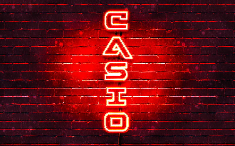 Casio red logo, vertical text, red brickwall, Casio neon logo, creative, Casio logo, artwork, Casio, HD wallpaper