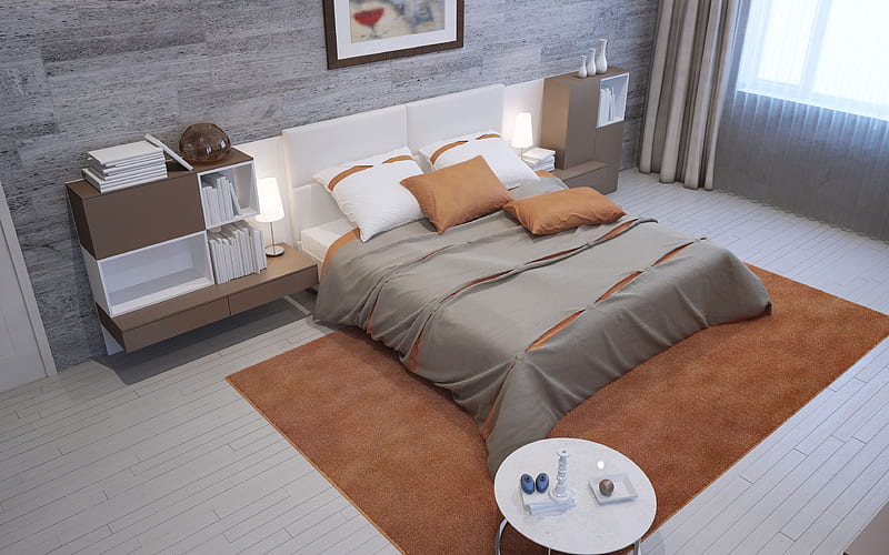 bedroom interior, bed, table, wardrobe, HD wallpaper