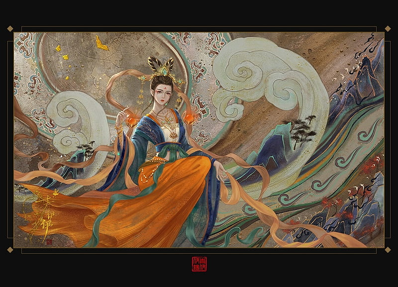 Dunhuang frescoes, art, fantasy, orange, girl, luminos, lunamoom, asian, blue, black, HD wallpaper