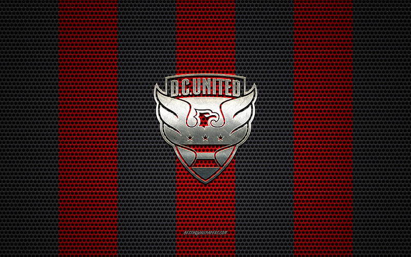 DC United logo, American soccer club, metal emblem, red-black metal mesh background, DC United, NHL, Washington, USA, soccer, HD wallpaper