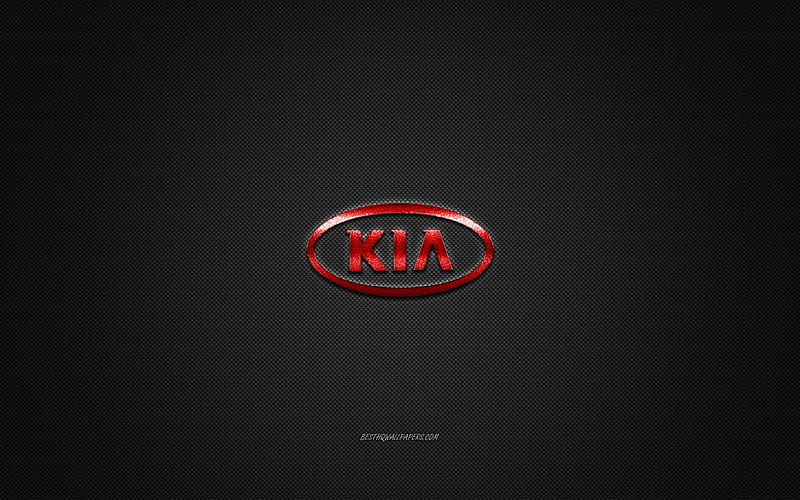 Kia logo, red logo, gray carbon fiber background, Kia metal emblem, Kia, cars brands, creative art, HD wallpaper