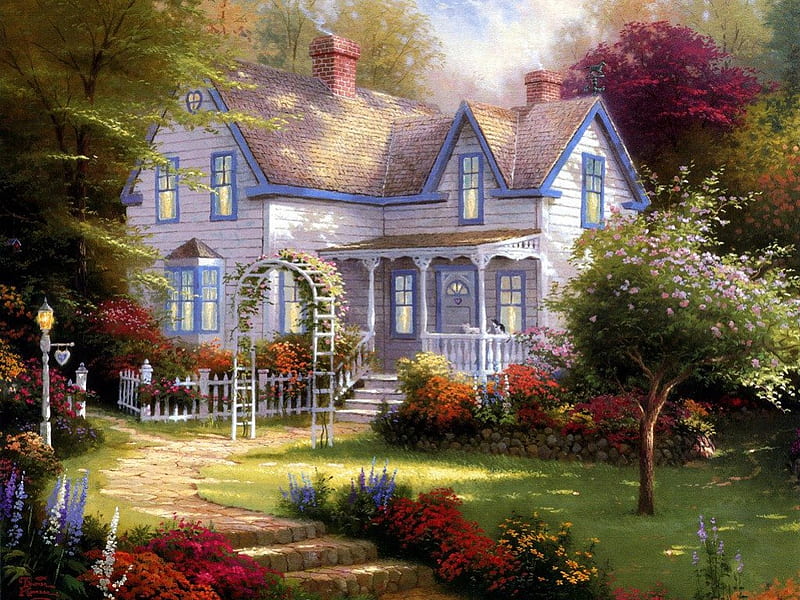 Home Is Where The Heart Is, art, victorian, home, gardens, spring, abstract, kinkade, HD wallpaper