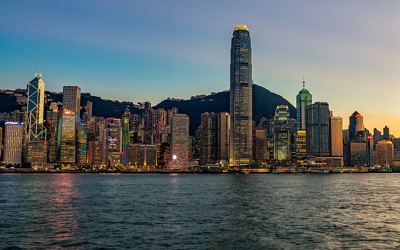 Hong Kong, International Commerce Center, evening, sunset, Hong Kong cityscape, Hong Kong skyline, skyscrapers, China, HD wallpaper