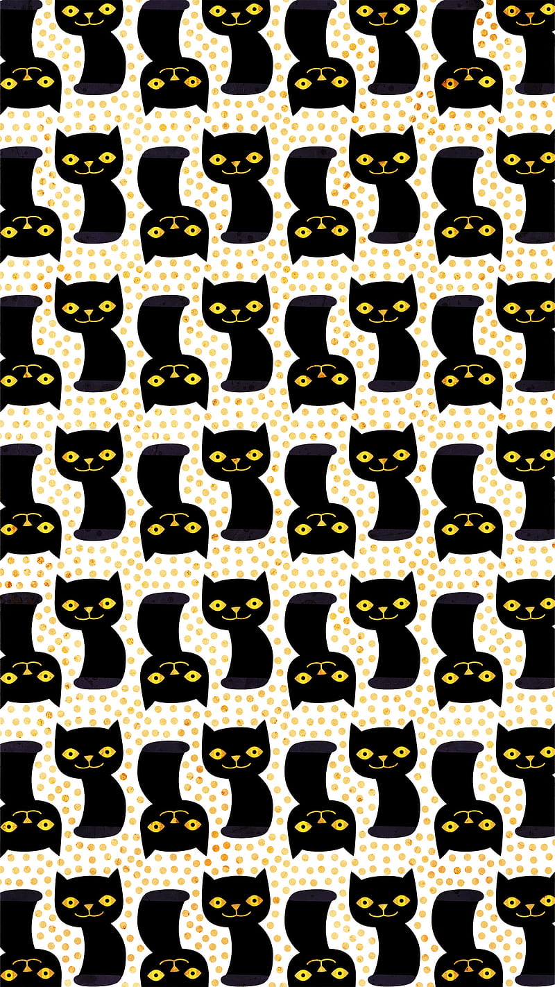 Black Cats and Dots, Koteto, cat; pattern; kitty; animal; black; white;  gold; dot; cartoon; Halloween; spooky;