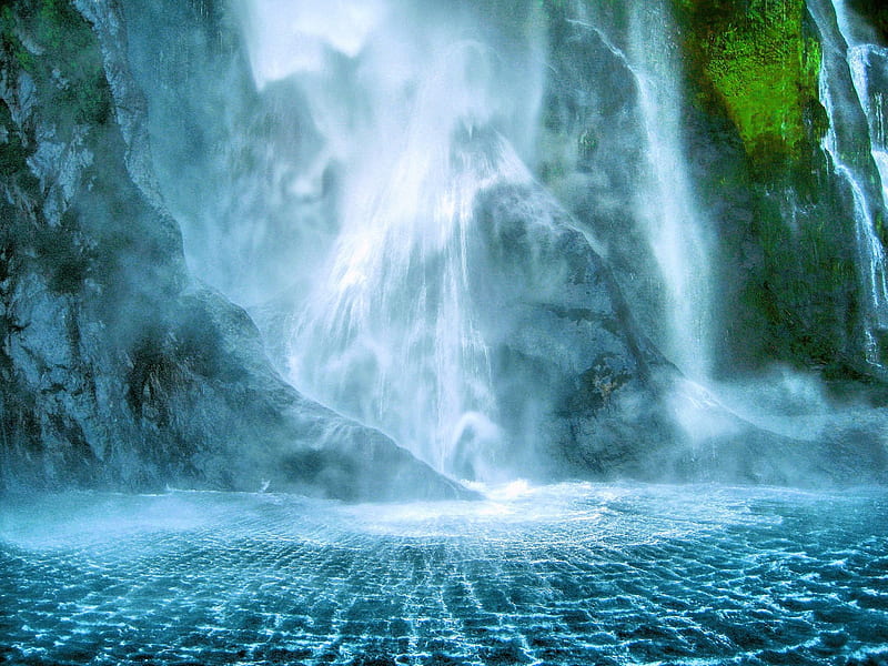 Milford Sound Stirling Falls, rocks, bottom, moss, New Zealand, fjord, bonito, wall, waterfalls, HD wallpaper