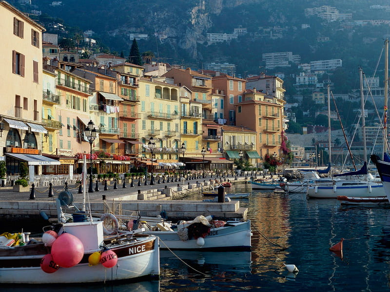 French riviera, houses, boats, boat, water, france, village, villefranche, river, riviera, HD wallpaper