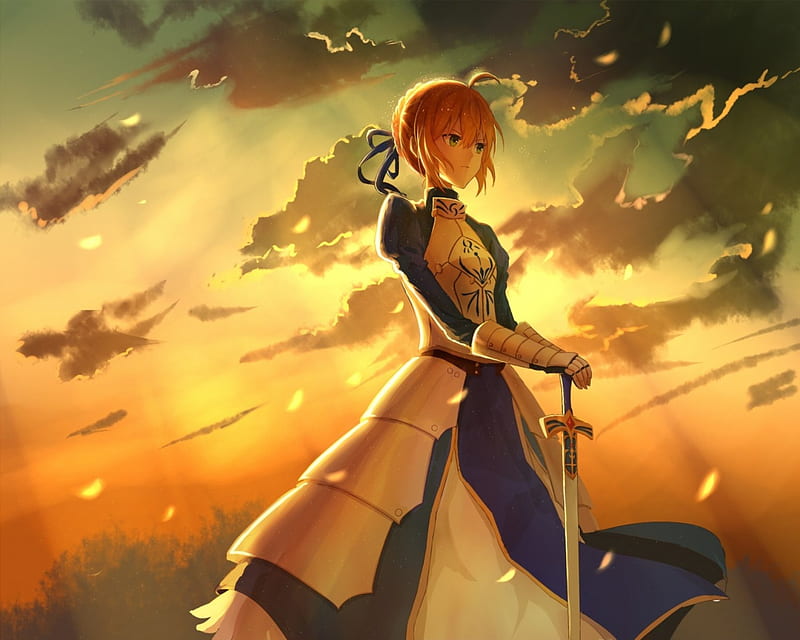 The Pensive Warrior, armor, saber, fate stay night, anime, sky, sword, HD wallpaper
