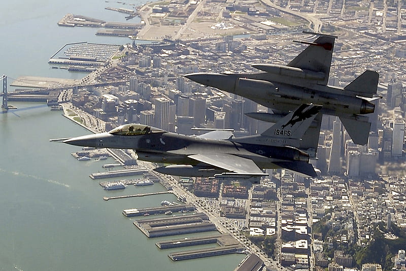 F-16, two f-16 fighting falcons begin to roll into position for a rapi, over the san francisco bay area, HD wallpaper