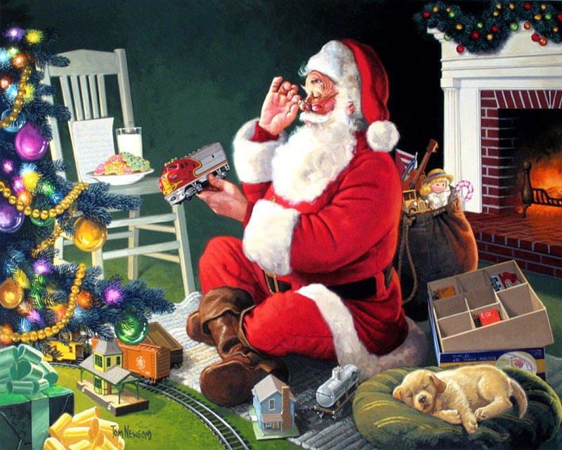 Putting The Train Together, cookies, santa, christmas, milk, puppy, HD wallpaper