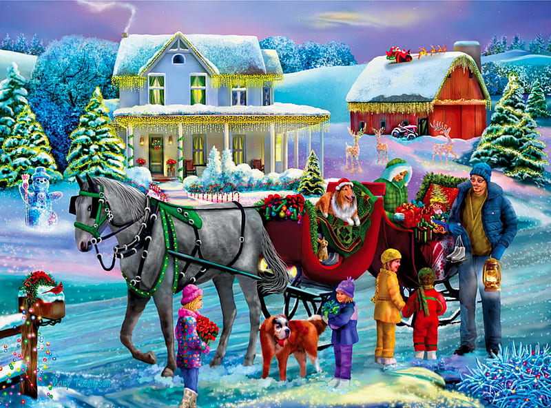 Holiday cheer, sleigh, family, art, christmas, holiday, fun, cheer, joy, Santa, mood, barn, winter, ride, ice, village, frost, HD wallpaper