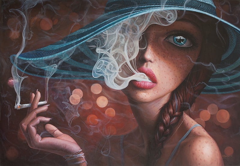 Enter the void, art, luminos, oil, borda, woman, hat, girl, painting, face, smoke, pictura, blue, HD wallpaper