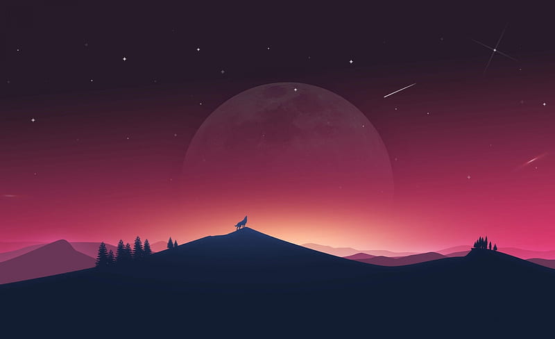 :-), fantasy, moon, black, 2D universe, wolf, silhouette, howling, red, luminos, lup, HD wallpaper