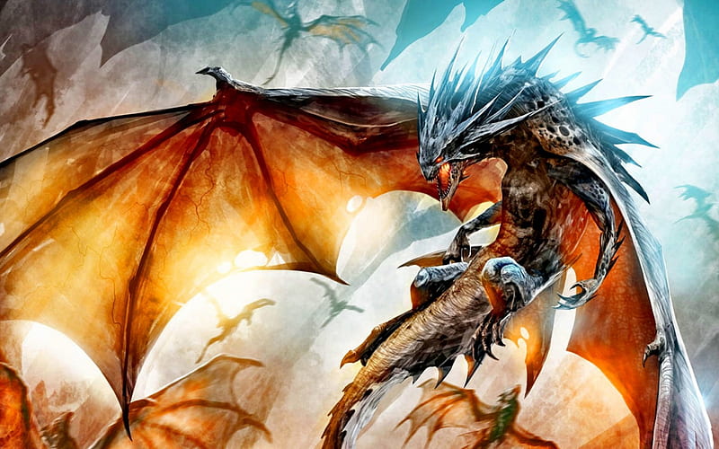 Dragon Swarm, magic, fantasy, dragon, dark, HD wallpaper
