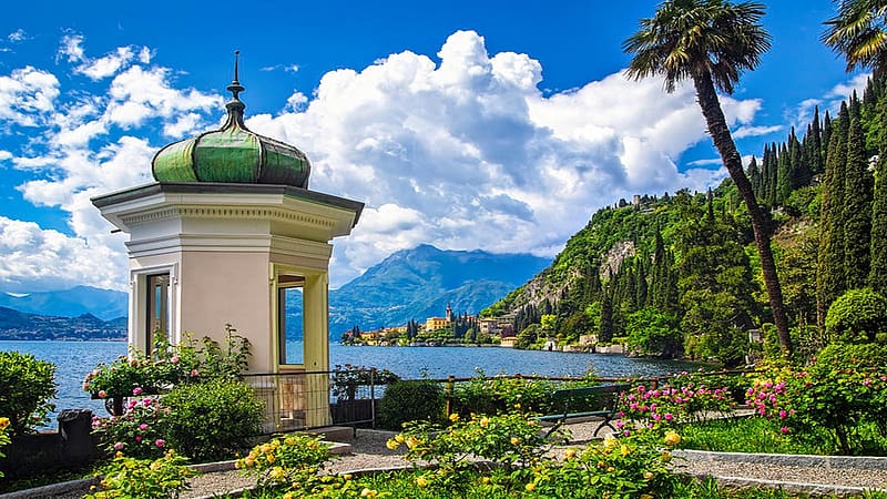 Pavilion in Villa Monastero Gardens, Lake Como, Italy, mountains, water, landscape, clouds, trees, flowers, sky, HD wallpaper