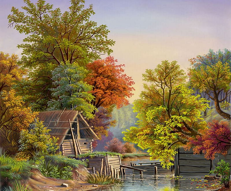 Little Cabin at the River, fall, autumn, water, colors, trees, artwork, HD wallpaper