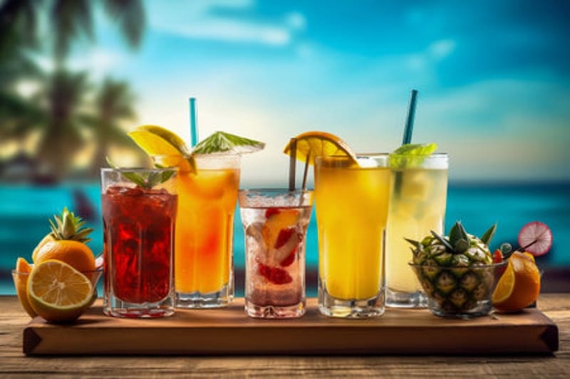 Tropical drinks, Bar, Beach, Outdoor, Glasses, Fruits, HD wallpaper
