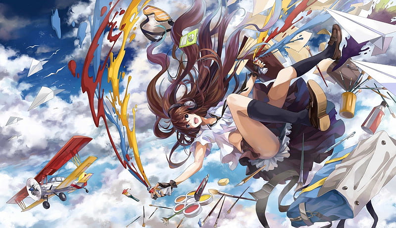 Let Your Imagination Soar, paint, falling, objects, sky, clouds, airplane, girl, anime, imagination, HD wallpaper