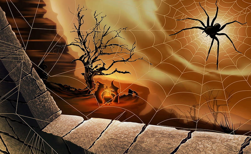 Spider Watching Witches, brick wall, tree, spiderweb, cauldron, witches, spider, night, HD wallpaper