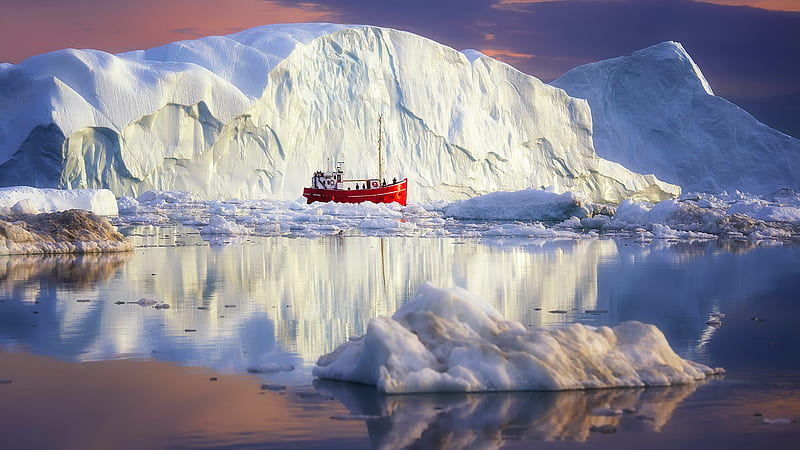 Red Ship In Arctic Greenland Iceberg With Reflection Nature, HD wallpaper