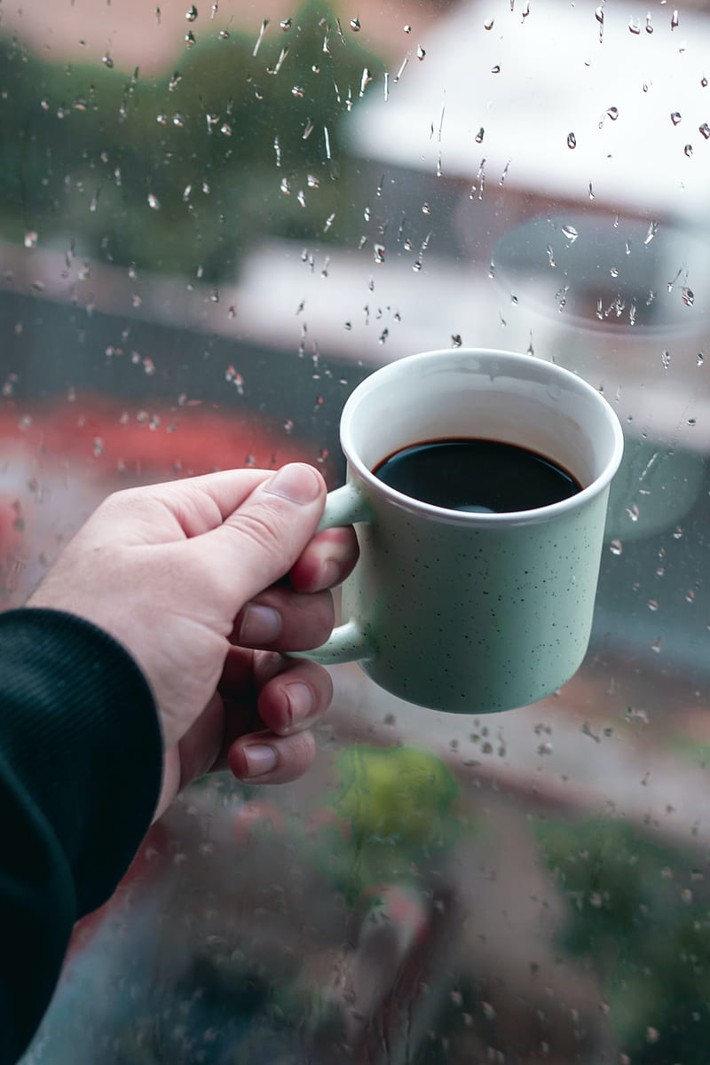 mug, coffee, hand, window, rain, HD phone wallpaper