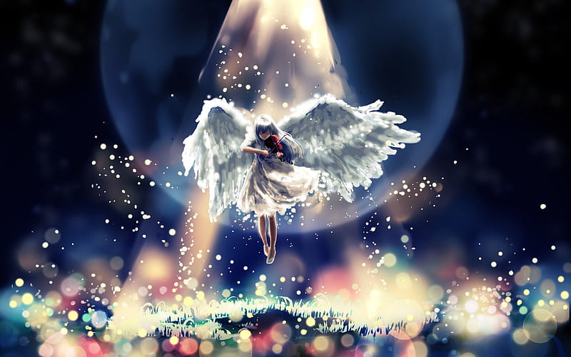 anime angel girl, wings, guitar, white dress, heaven, Anime, HD wallpaper