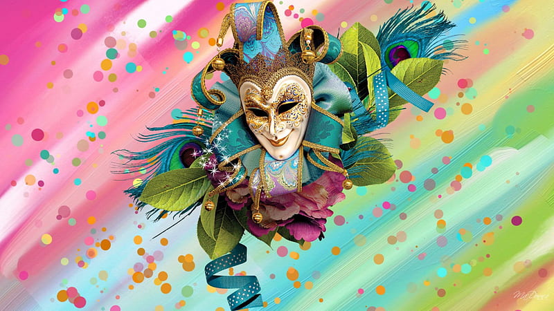 Carnival Bright, colorful, confetti, Mardi Gras, ribbons, leaves, bright, Carnival, Fat Tuesday, mask, feathers, HD wallpaper