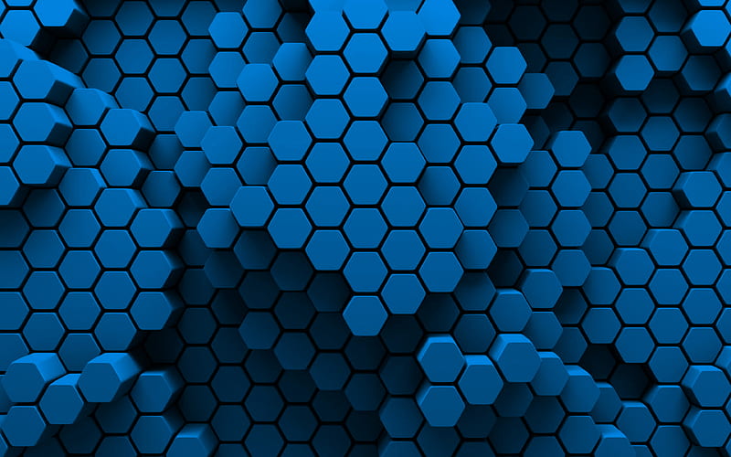Blue hexagons 3D art, creative, honeycomb, hexagons patterns, blue ...