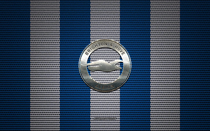 Brighton and Hove Albion FC logo, English football club, metal emblem, blue white metal mesh background, Brighton and Hove Albion FC, Premier League, Brighton, England, football, HD wallpaper