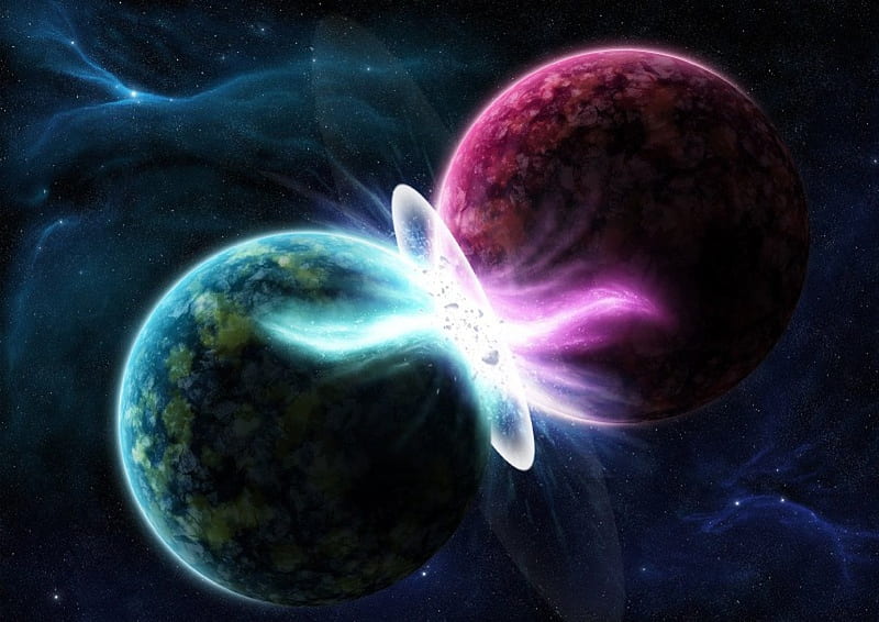 When Worlds Collide, stars, planets, space, collide, abstract, pink, blue, light, HD wallpaper
