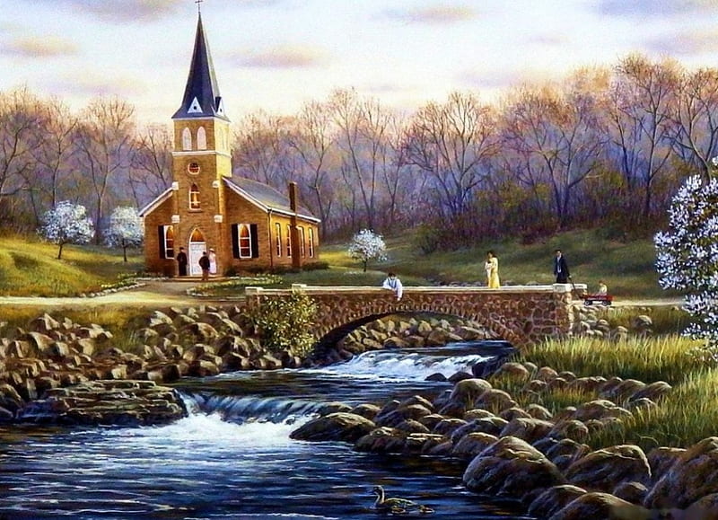 Church in Spring, bridge, people, painting, blossoms, river, trees, artwork, HD wallpaper