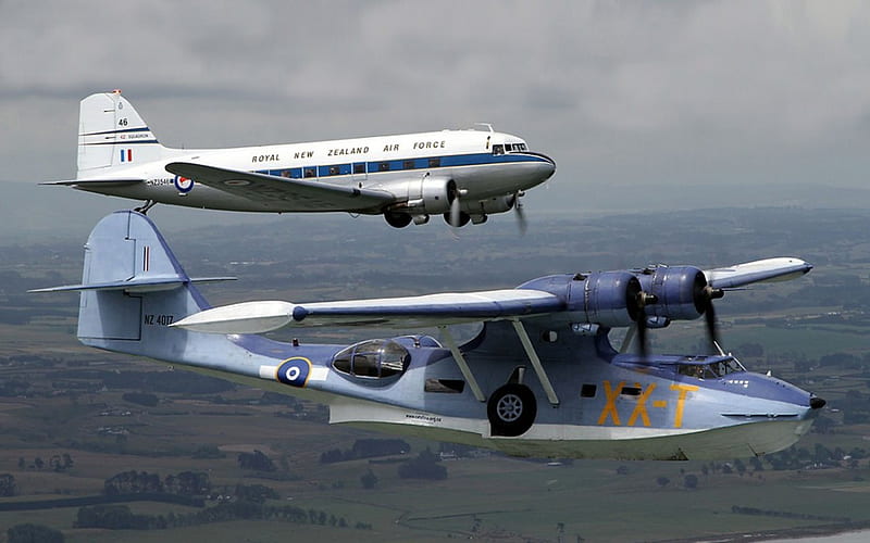 Consolidated PBY Catalina & Douglas DC-3, Consolidated, Douglas, PBY Catalina, DC-3, HD wallpaper