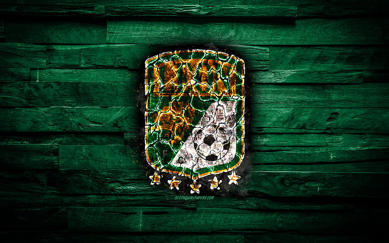 Leon FC, burning logo, Liga MX, green wooden background, Mexican football club, Primera Division, grunge, football, Club Leon, soccer, Leon logo, Leon, Mexiсo, HD wallpaper