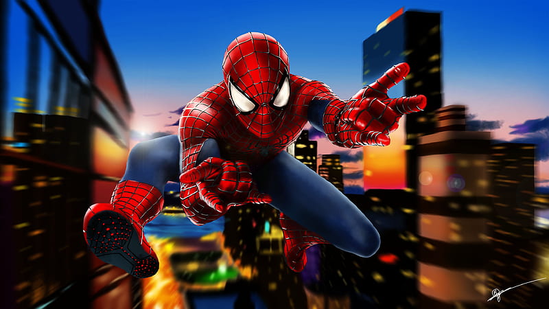 spider-man, buildings, jump, evening, Movies, HD wallpaper