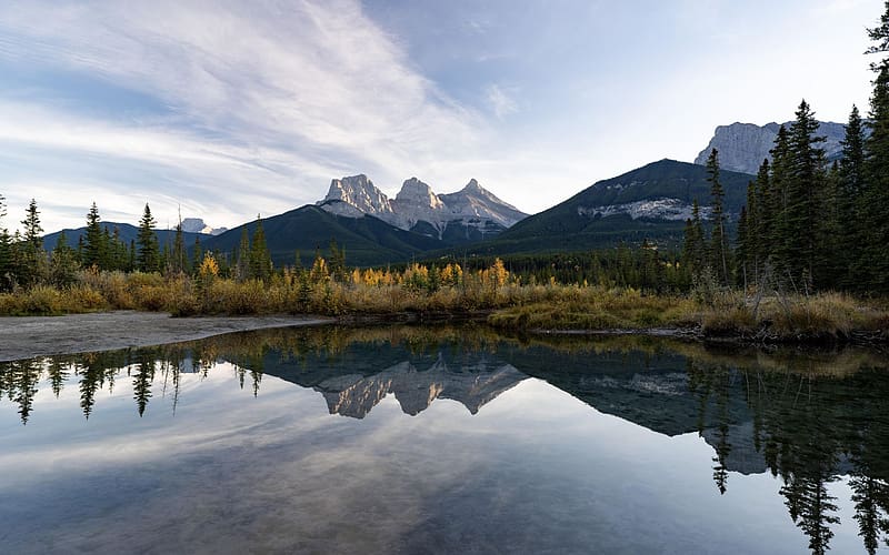 Three Sisters, Alberta, reflections, lake, trees, rocks, water, canada, HD wallpaper