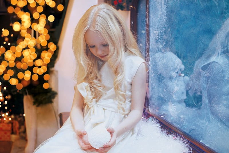 Holiday Dreams, Christmas tree, snowball, girl, child, frosted window, lights, sweet, HD wallpaper