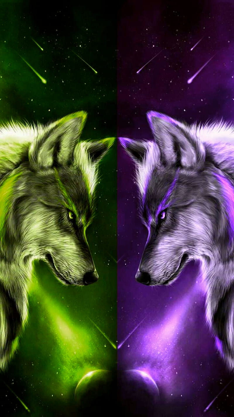 Wolves10, wolf, wolves, green, neon, yellow green, yellow, purple, HD phone wallpaper