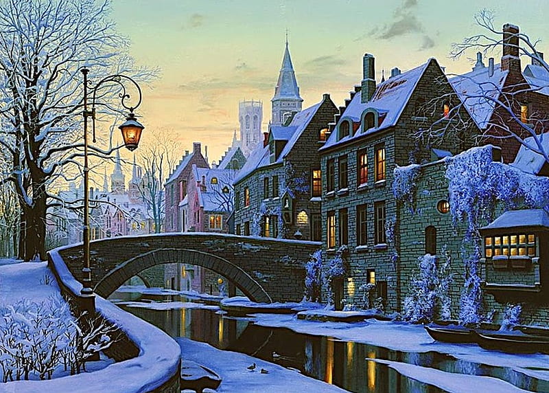 Early Winter Morning, lamp, snow, bridge, houses, river, rowing boats, street, winter, HD wallpaper