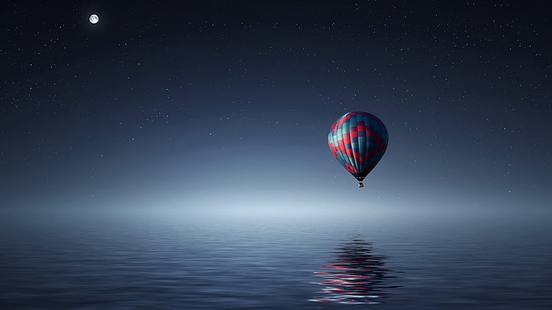 hot air balloon over sea at night, stars, moon, balloon, colors, sea, night, HD wallpaper