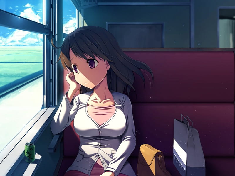 Boring Train Ride, Medium, Brown, Hair Anime, Soda, Purse, Bag, Shopping, Long, Train, Shoulder-Length, Green, Girl, Original, HD wallpaper