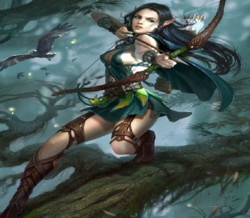 Wood Elf, forest, female, elf, archer, hawks, HD wallpaper