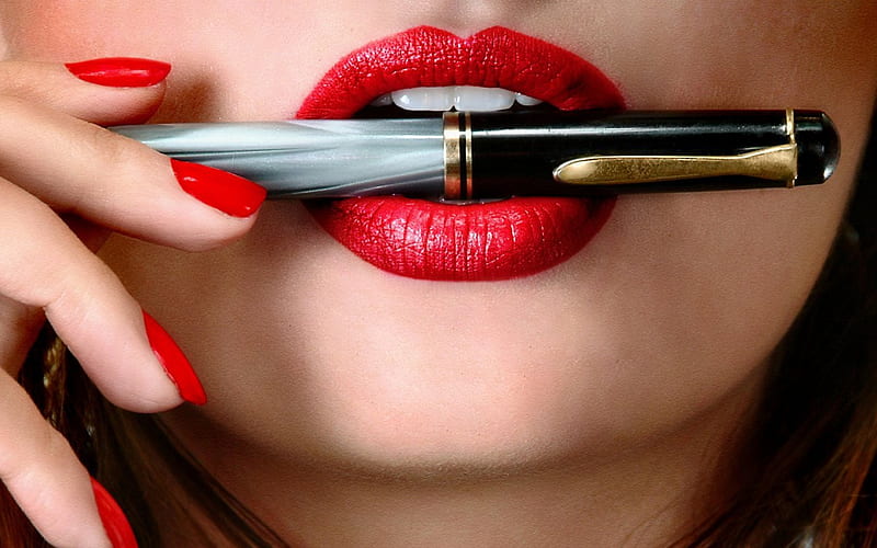 The Pen Is Mightier Than The Sword, red, pen, mouth, lips, fingernails, HD wallpaper