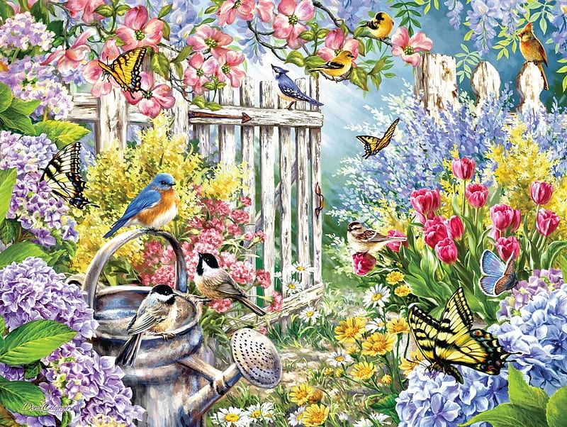 Spring awakening, art, bird, painting, flower, garden, pasari, spring, pictura, HD wallpaper