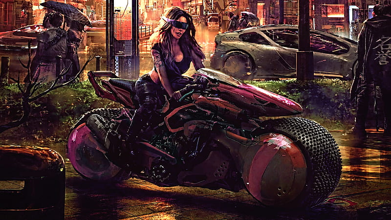 Cyberpunk Woman in Motorcycle, HD wallpaper